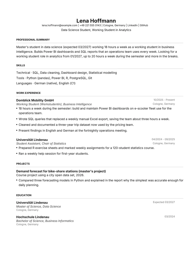 Working student resume template sample in FAANGPath, page 1: fictional Data Science Student, Working Student in Analytics