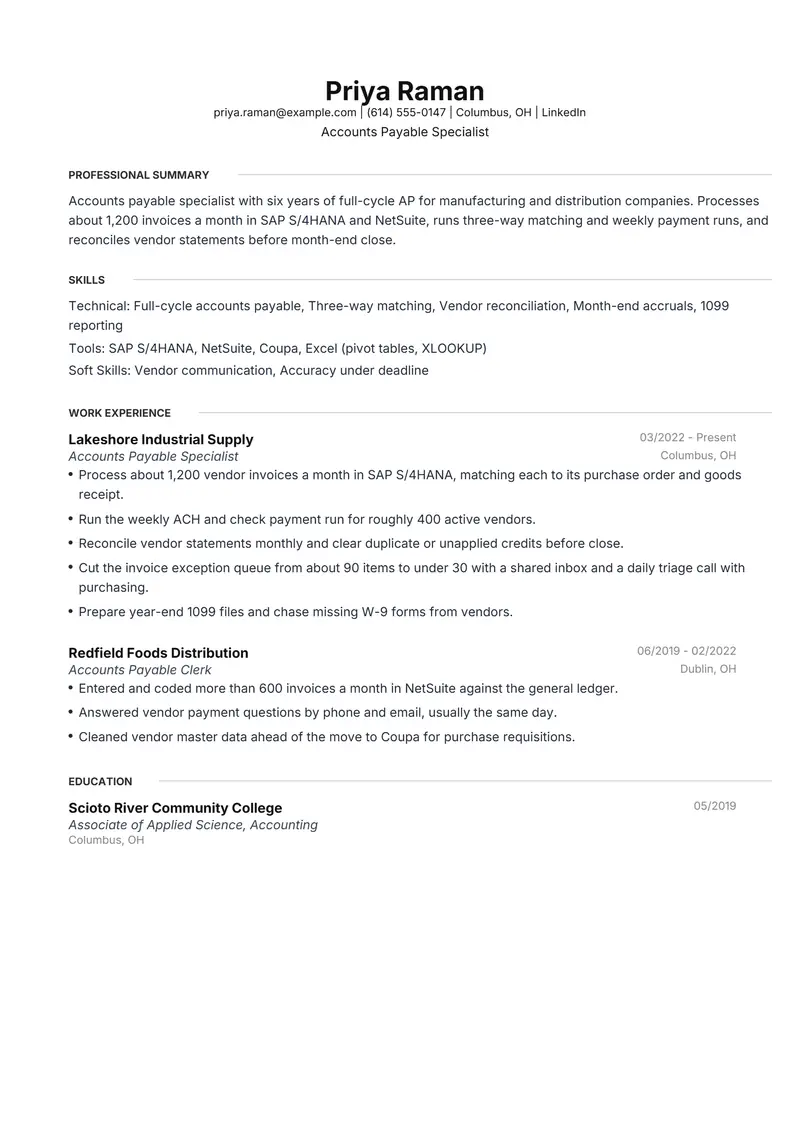 ATS-friendly resume template sample in Meridian, page 1: fictional Accounts Payable Specialist