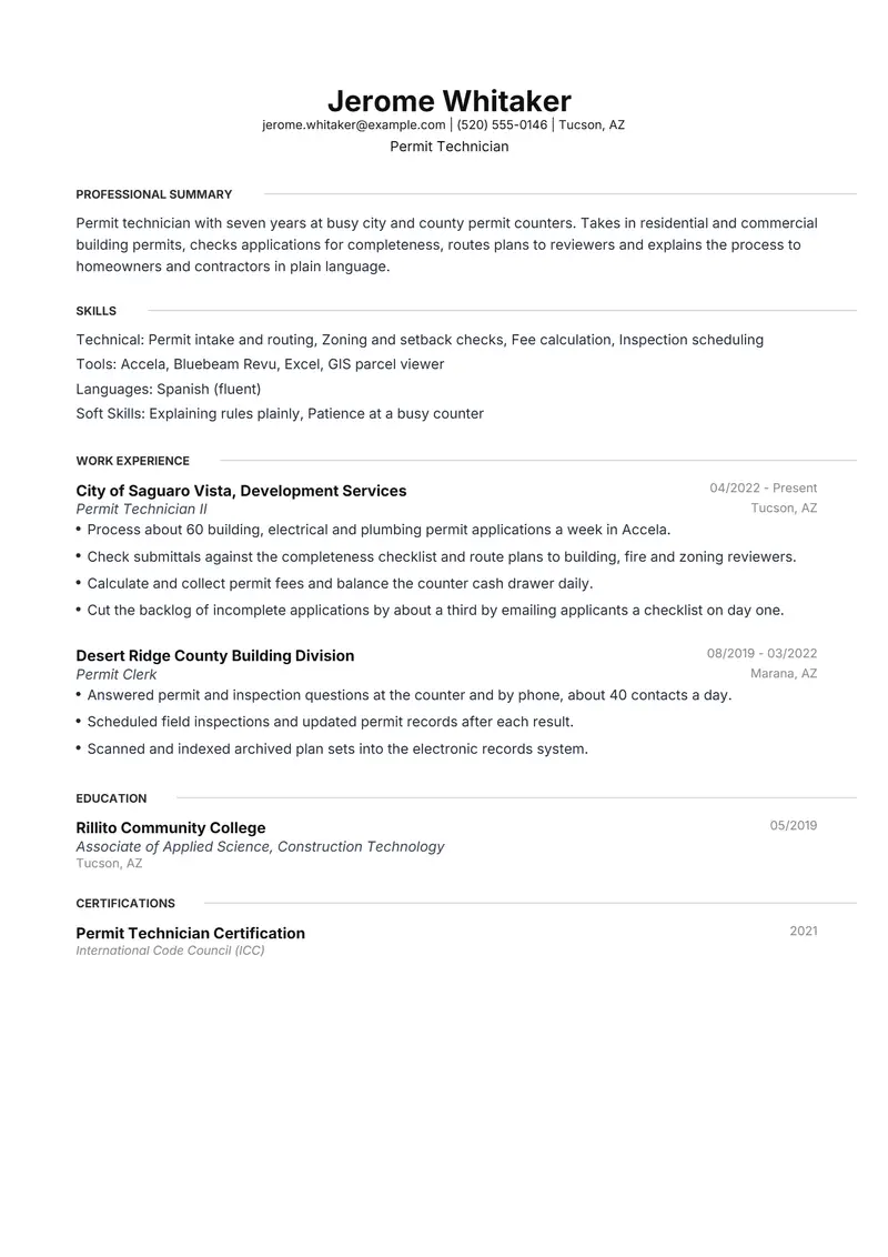 Black and white resume template sample in Meridian, page 1: fictional Permit Technician