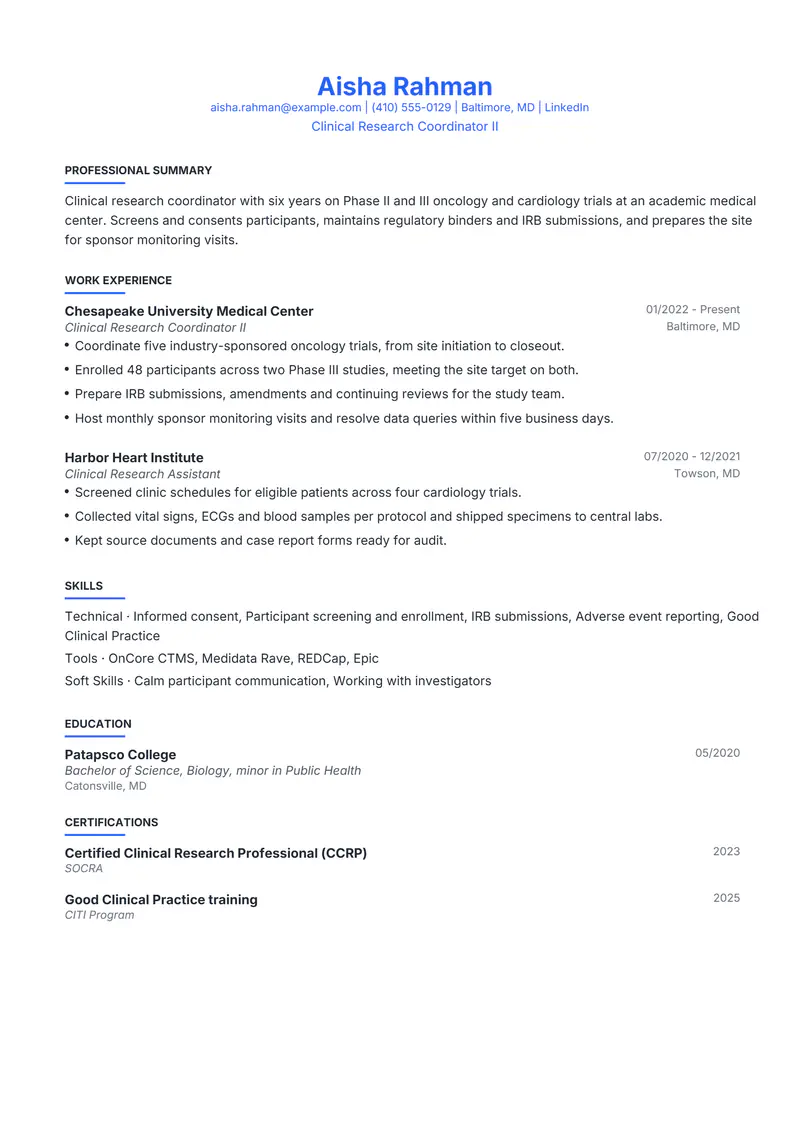 Blue accent resume template sample in Leslie, page 1: fictional Clinical Research Coordinator II