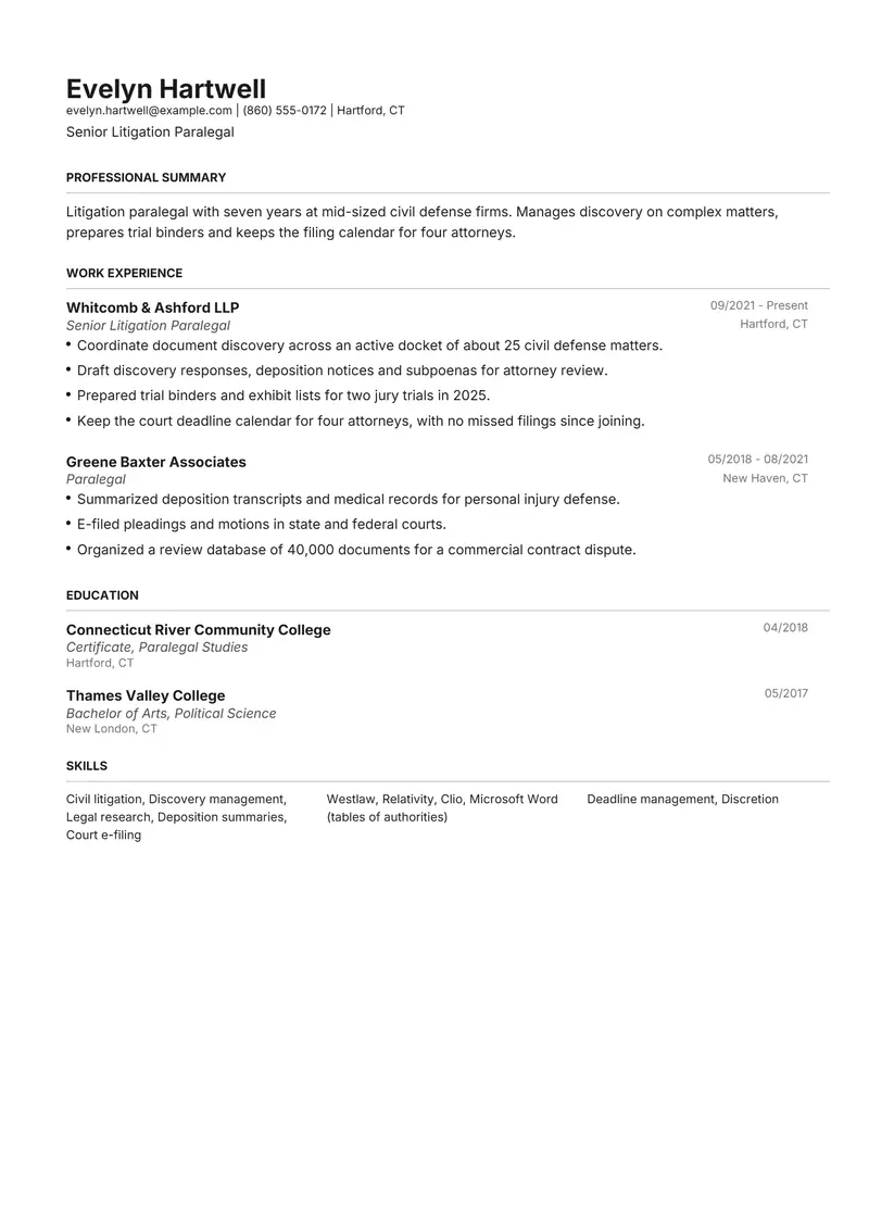 Classic resume template sample in Henrietta, page 1: fictional Senior Litigation Paralegal