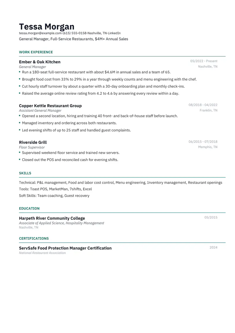 Color accent resume template sample in Catalyst, page 1: fictional General Manager, Full-Service Restaurants, $4M+ Annual Sales