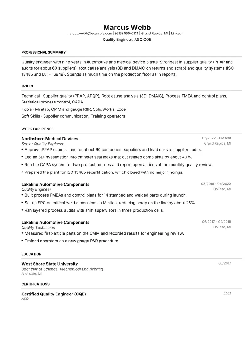 Combination resume template sample in FAANGPath, page 1: fictional Quality Engineer, ASQ CQE