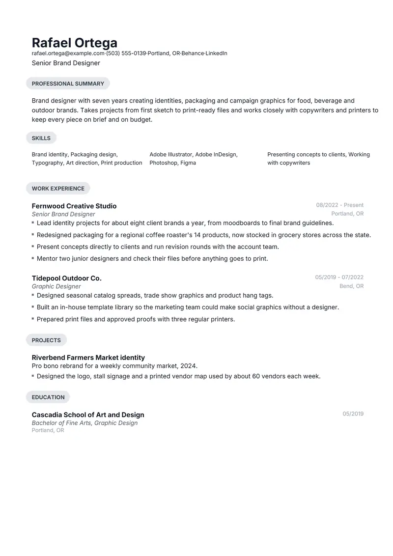 Creative resume template sample in Daniel, page 1: fictional Senior Brand Designer