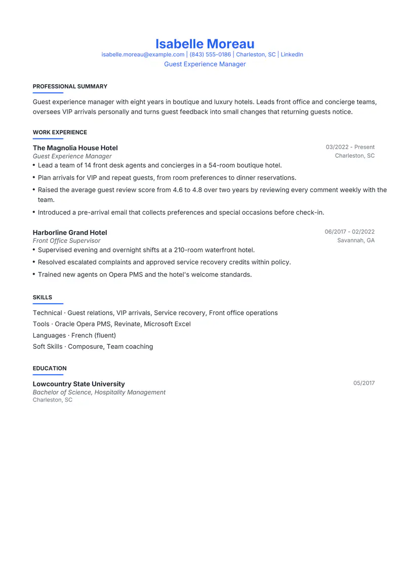 Elegant resume template sample in Leslie, page 1: fictional Guest Experience Manager