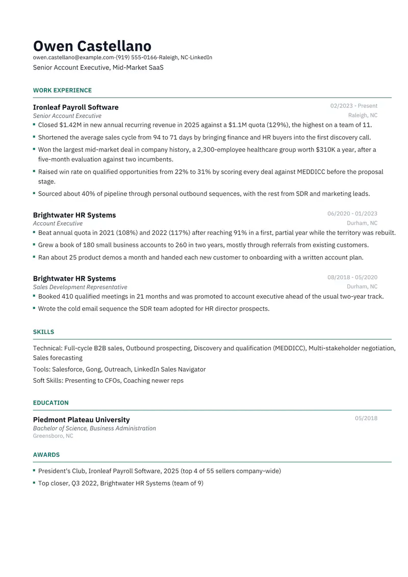 Experience-focused resume template sample in Catalyst, page 1: fictional Senior Account Executive, Mid-Market SaaS