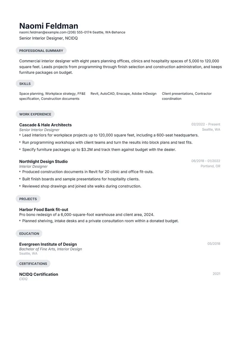 Gray accent resume template sample in Daniel, page 1: fictional Senior Interior Designer, NCIDQ
