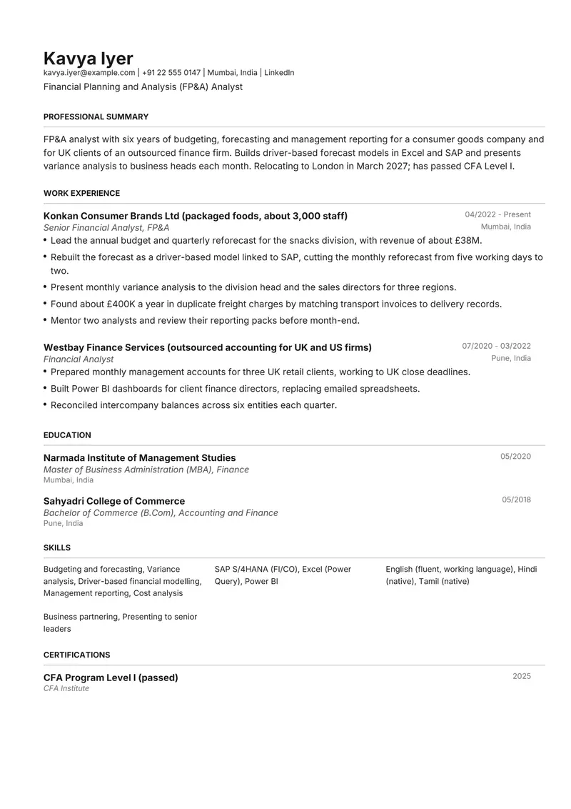 International application resume template sample in Henrietta, page 1: fictional Financial Planning and Analysis (FP&A) Analyst
