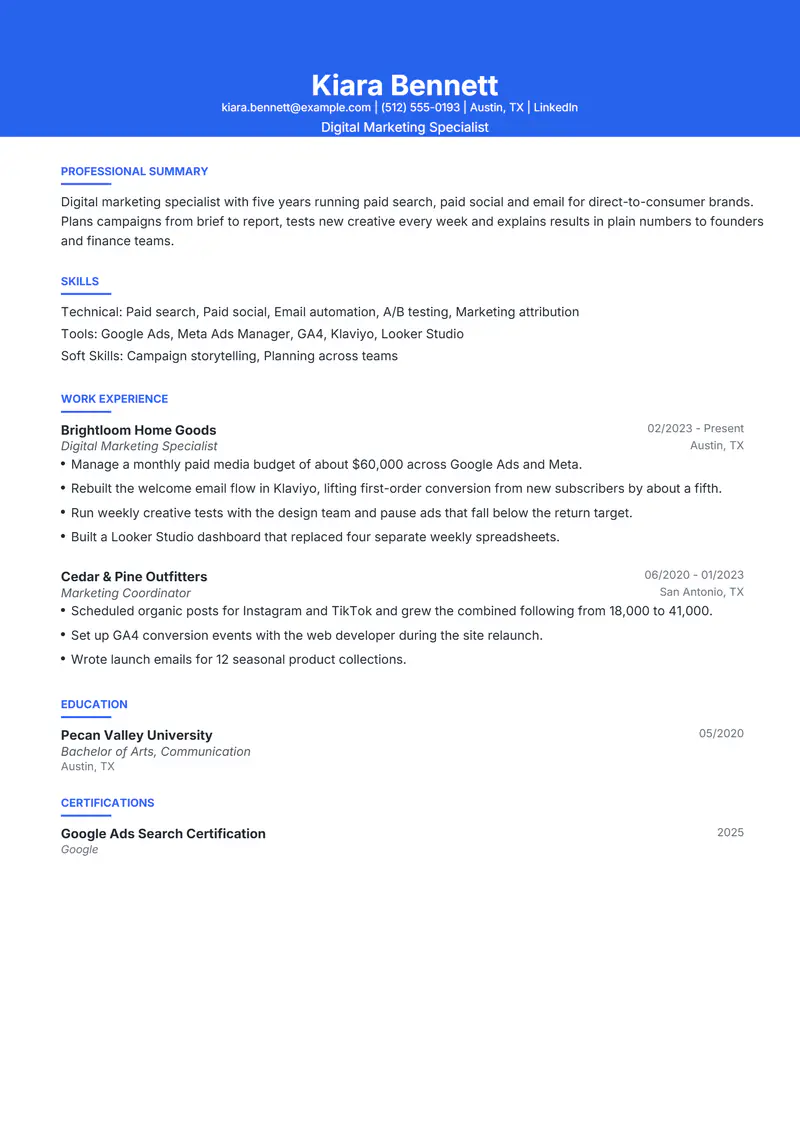 Modern resume template sample in Olivia, page 1: fictional Digital Marketing Specialist