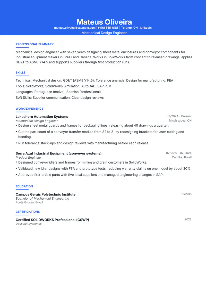 No photo resume template sample in Olivia, page 1: fictional Mechanical Design Engineer