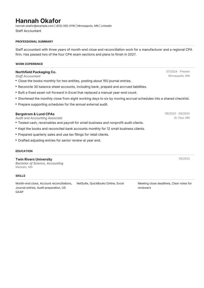 One page resume template sample in Henrietta, page 1: fictional Staff Accountant