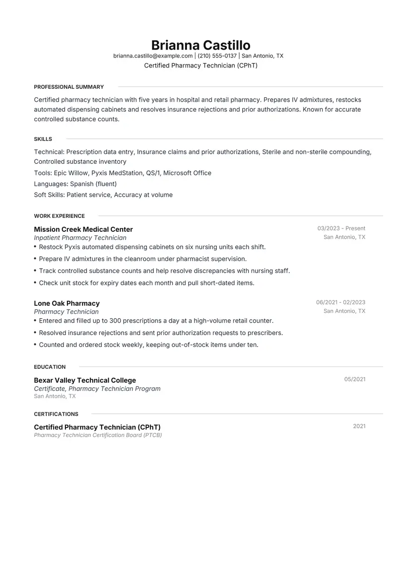 Plain text resume template sample in Meridian, page 1: fictional Certified Pharmacy Technician (CPhT)