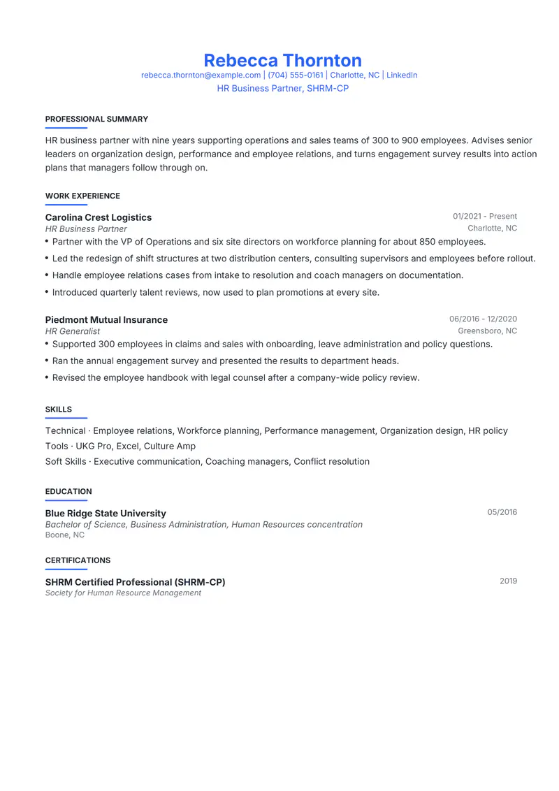 Professional resume template sample in Leslie, page 1: fictional HR Business Partner, SHRM-CP
