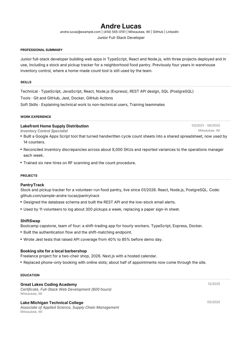 Project-focused resume template sample in FAANGPath, page 1: fictional Junior Full-Stack Developer