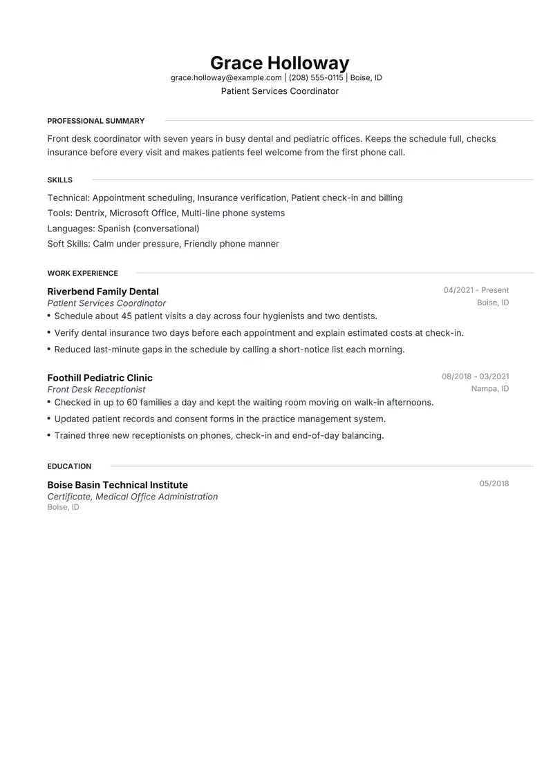 Simple resume template sample in Meridian, page 1: fictional Patient Services Coordinator