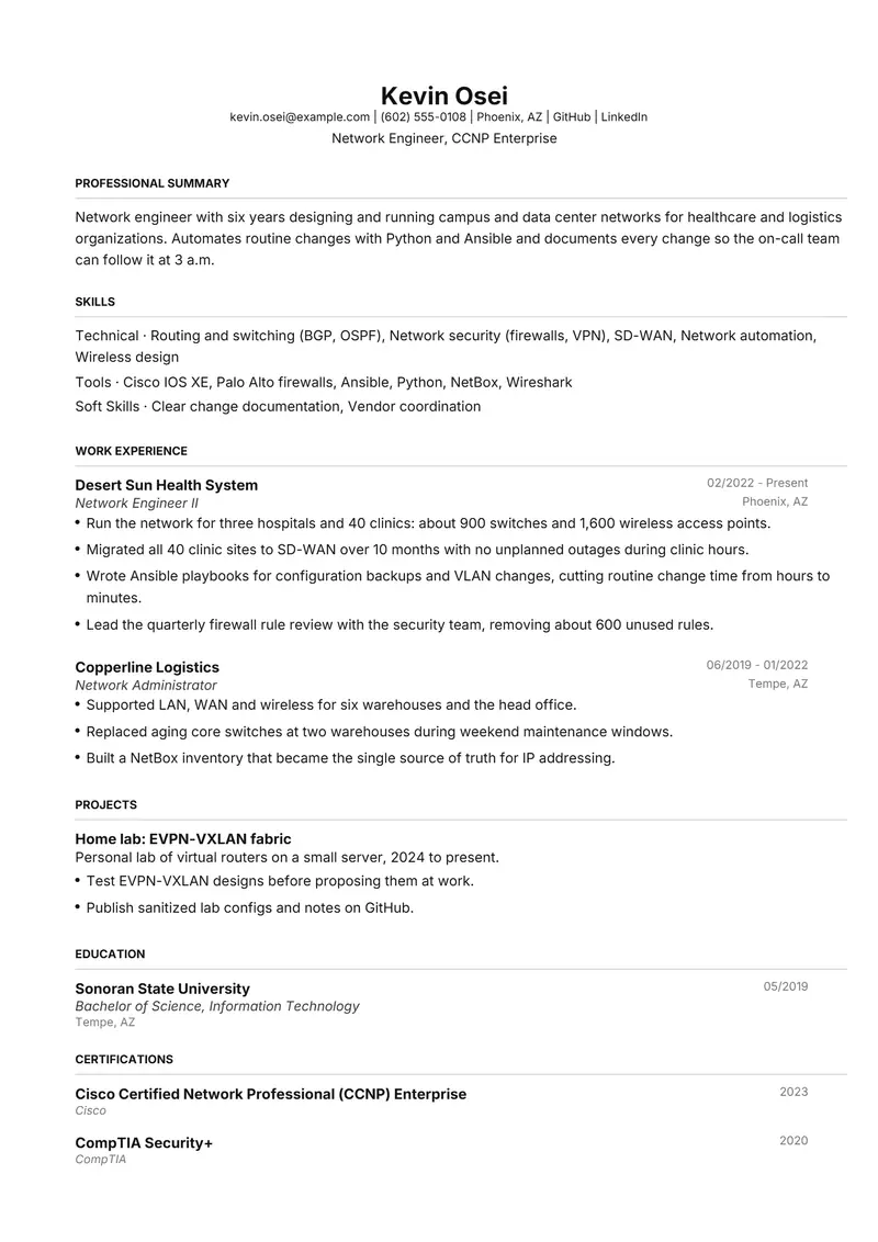 Technical resume template sample in FAANGPath, page 1: fictional Network Engineer, CCNP Enterprise