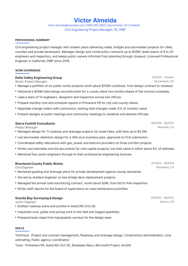 Two page resume template sample in Leslie, page 1: fictional Civil Engineering Project Manager, PE, PMP